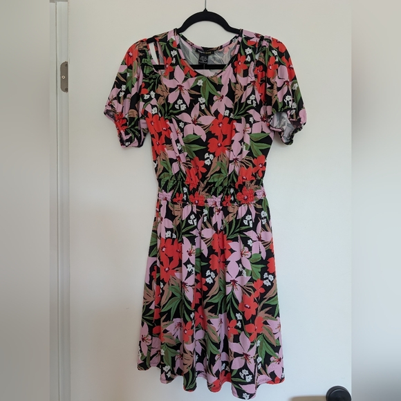 Robert Louis Floral Midi Dress in Black with Red and Green - Picture 1 of 6